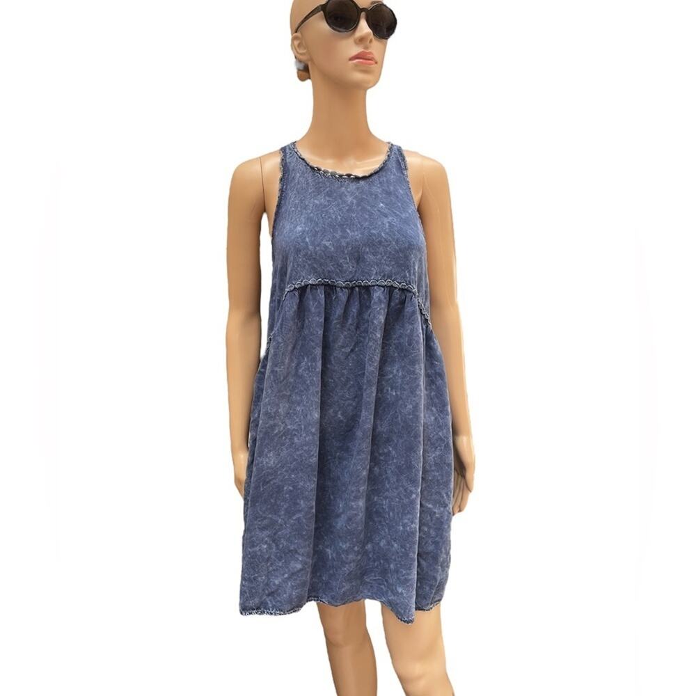 Altered State Babydoll DRESS Womens S Blue Razorback Tank Ruffle Sides Pleated